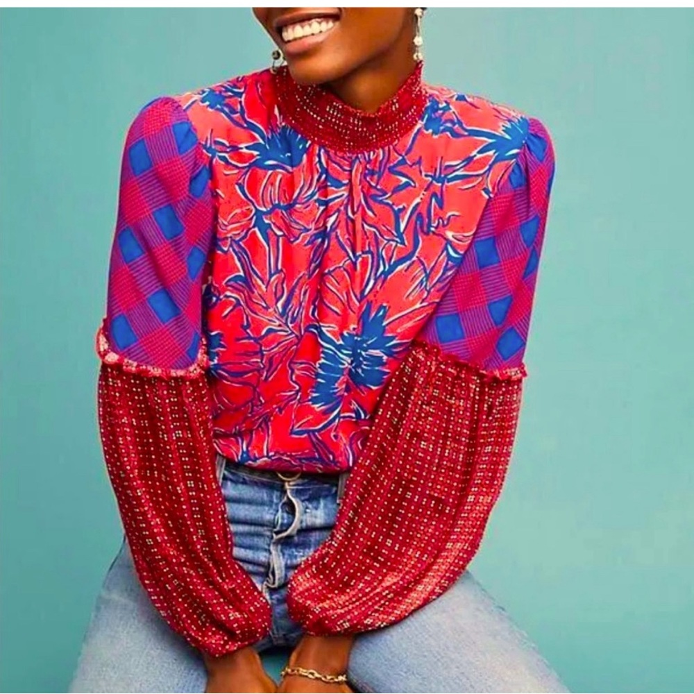 Anthropologie Bl^nk London Red and Blue turtle neck blouse xs